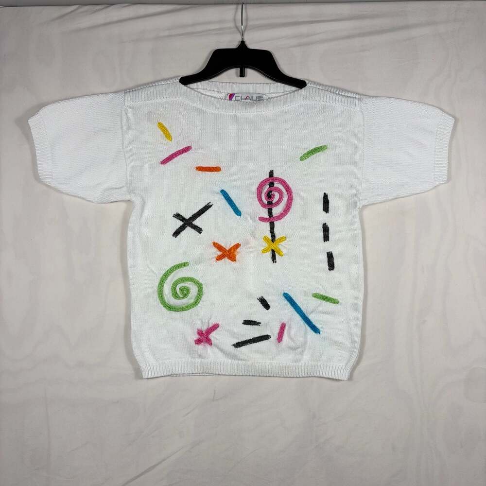 Vintage Chaus White Knit Sweater Short Sleeve Abstract Retro Graphic S